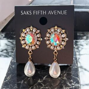 3/$40 Saks Fifth Avenue Gold and Pearl Crystal Drop Dangle Earrings